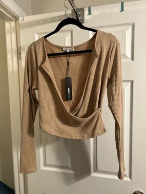 Fashion Nova Tan Ribbed Draped Crop Top